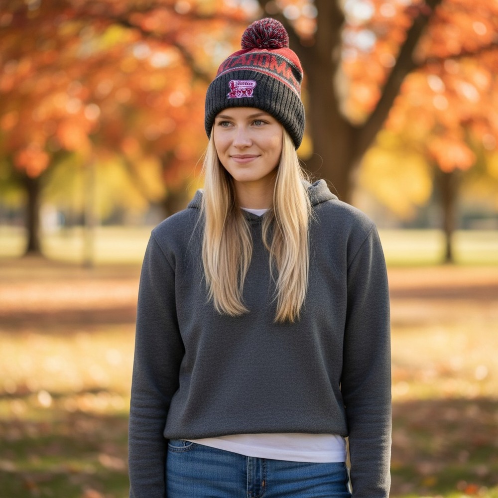 Top‎ of the World Oklahoma Sooners Beanie Hat Knit Pom Cuffed Red Grey NWT